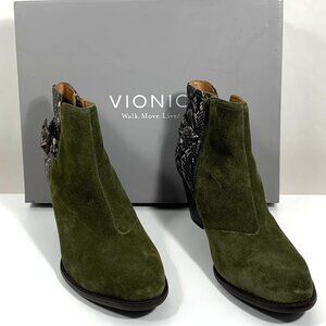 VIONIC Upright Suede Naomi Snake Olive Ankle Booties Heels Womens Size 10 w/ Box